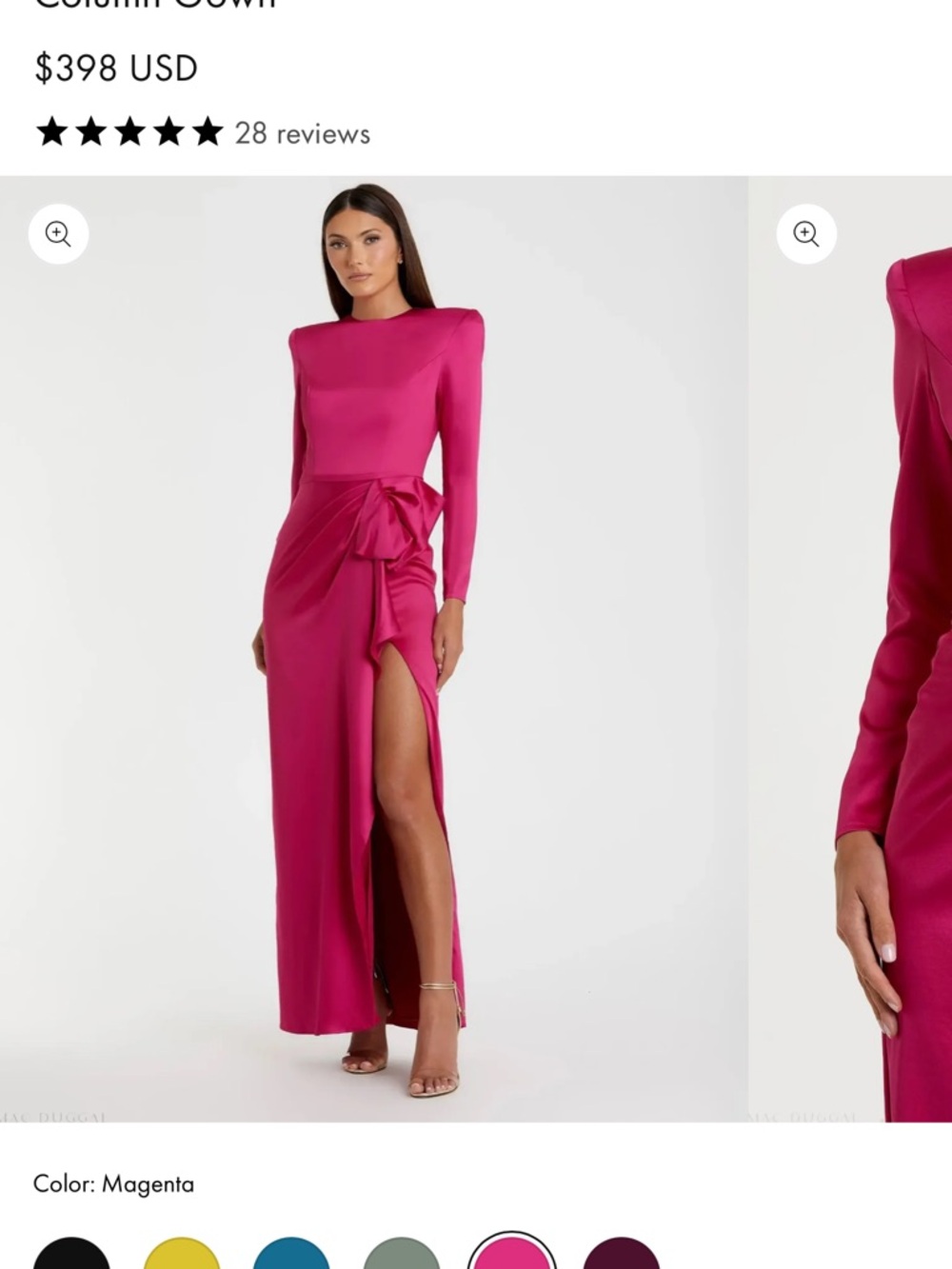 Magenta Long-Sleeve Column Gown with Side Drape and High Slit